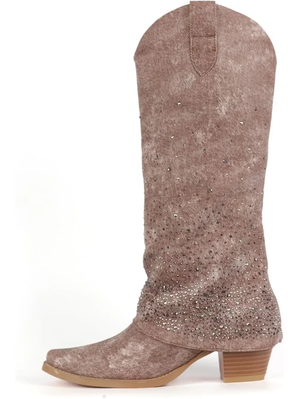 Women's Brown Rhinestones Fold Over Wide Calf Fashion Western Knee High Boots